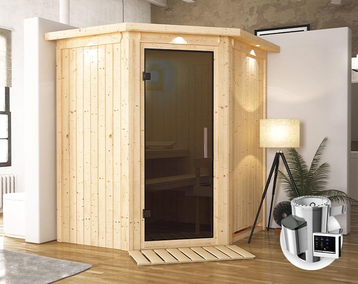 Karibu Innensauna Tonja + Dachkranz + 3,6kW Plug&Play Saunaofen + externe Steuerung Easy - 68mm Elementsauna - Ganzglastür graphit - Ecksauna - 230V Sauna