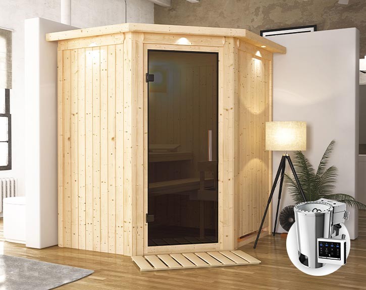 Karibu Innensauna Tonja + Dachkranz + 3,6kW Plug&Play Bio-Kombiofen + externe Steuerung Easy Bio - 68mm Elementsauna - Ganzglastür graphit - Ecksauna - 230V Sauna