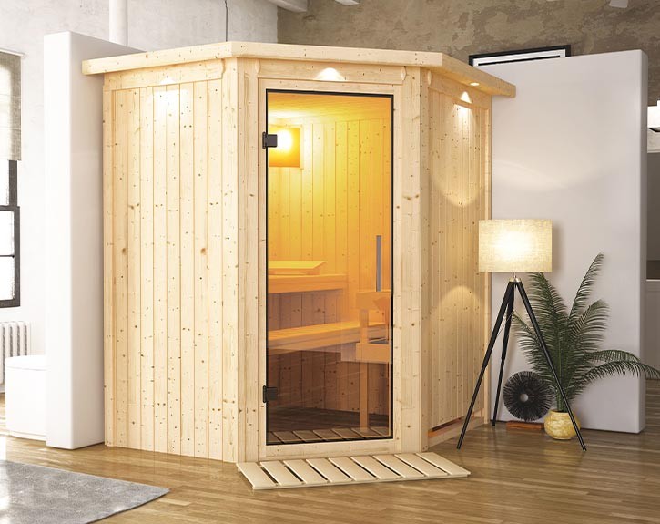 Karibu Innensauna Tonja + Dachkranz - 68mm Elementsauna - Ganzglastür klar - Ecksauna - 230V Sauna