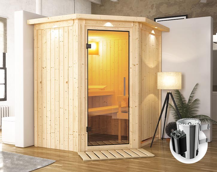 Karibu Innensauna Tonja + Dachkranz + 3,6kW Plug&Play Saunaofen + integrierte Steuerung - 68mm Elementsauna - Ganzglastür klar - Ecksauna - 230V Sauna