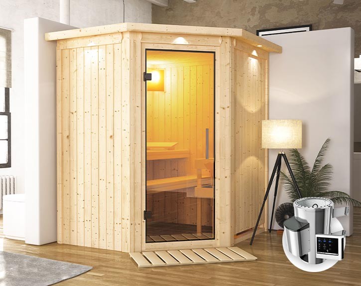 Karibu Innensauna Tonja + Dachkranz + 3,6kW Plug&Play Saunaofen + externe Steuerung Easy - 68mm Elementsauna - Ganzglastür klar - Ecksauna - 230V Sauna