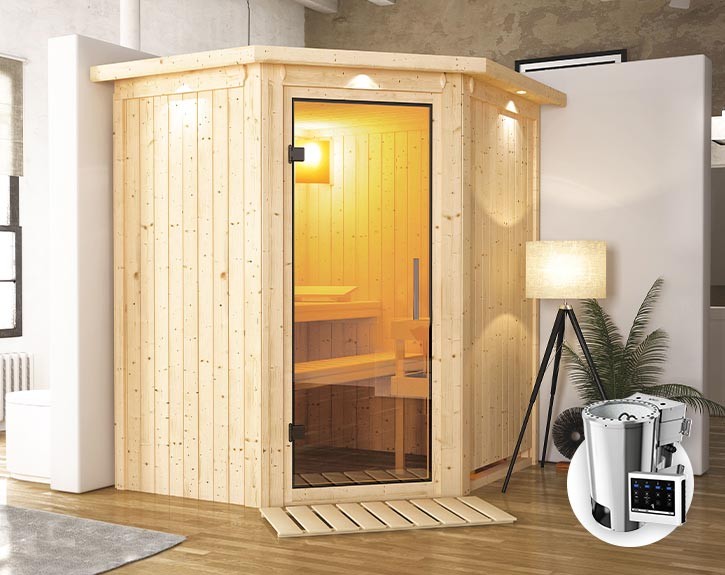 Karibu Innensauna Tonja + Dachkranz + 3,6kW Plug&Play Bio-Kombiofen + externe Steuerung Easy Bio - 68mm Elementsauna - Ganzglastür klar - Ecksauna - 230V Sauna