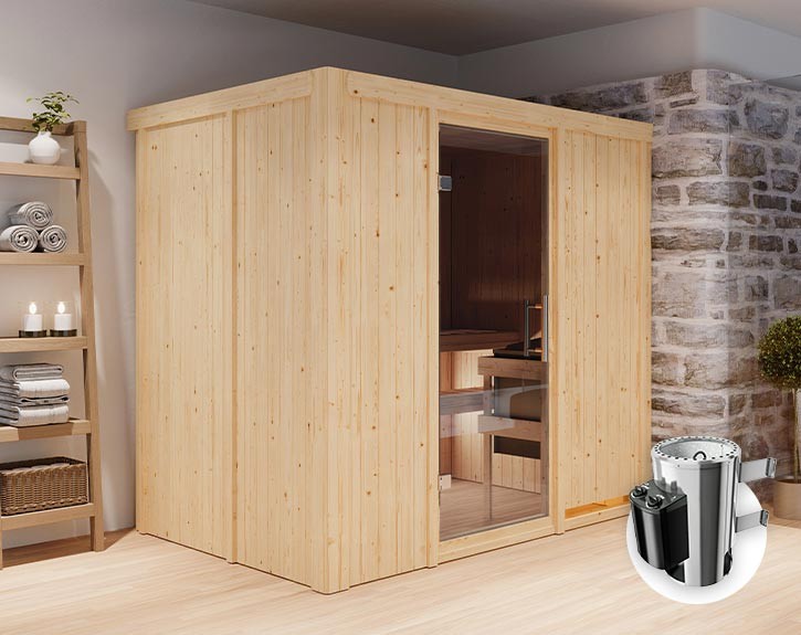 Karibu Innensauna Fanja + 3,6kW Plug&Play Saunaofen + integrierte Steuerung - 68mm Elementsauna - Ganzglastür graphit - 230V Sauna