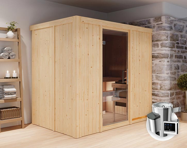 Karibu Innensauna Fanja + 3,6kW Plug&Play Saunaofen + externe Steuerung Easy - 68mm Elementsauna - Ganzglastür graphit - 230V Sauna