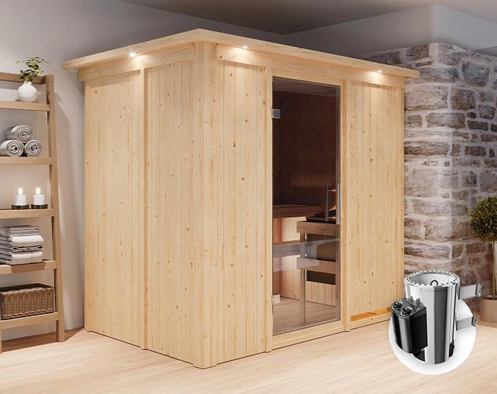 Karibu Innensauna Fanja + Dachkranz + 3,6kW Plug&Play Saunaofen + integrierte Steuerung - 68mm Elementsauna - Ganzglastür graphit - 230V Sauna