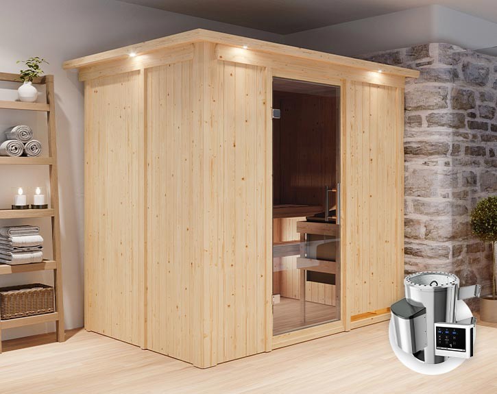 Karibu Innensauna Fanja + Dachkranz + 3,6kW Plug&Play Saunaofen + externe Steuerung Easy - 68mm Elementsauna - Ganzglastür graphit - 230V Sauna