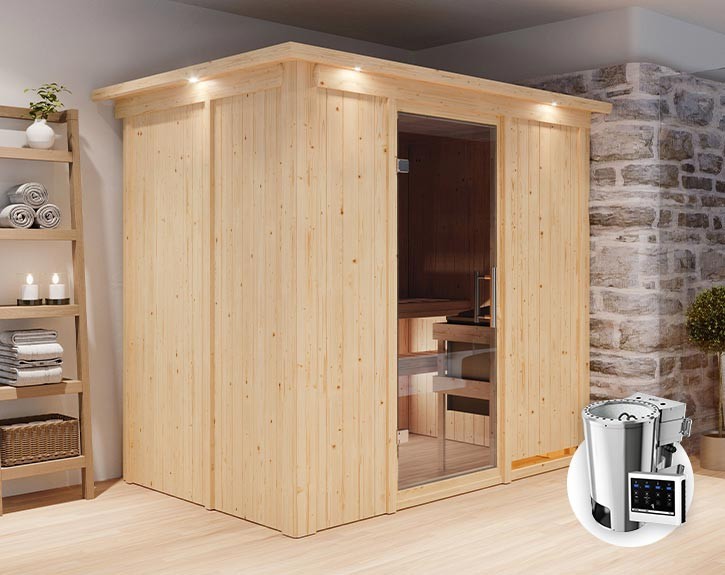 Karibu Innensauna Fanja + Dachkranz + 3,6kW Plug&Play Bio-Kombiofen + externe Steuerung Easy Bio - 68mm Elementsauna - Ganzglastür graphit - 230V Sauna