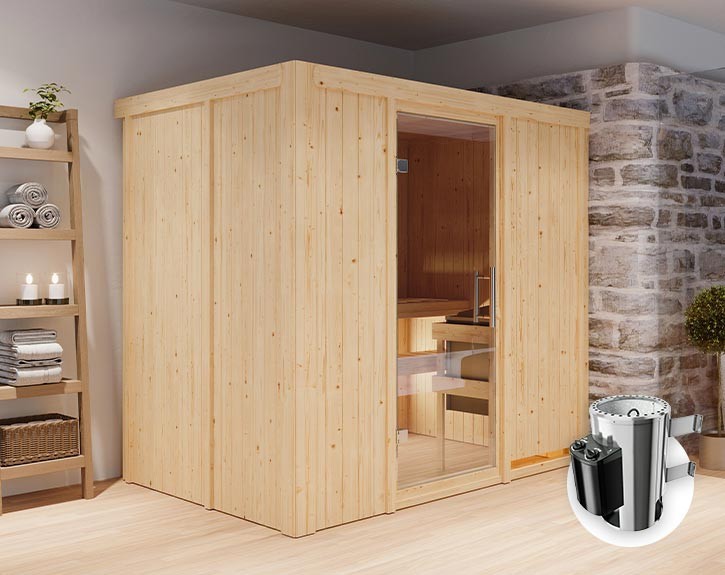 Karibu Innensauna Fanja + 3,6kW Plug&Play Saunaofen + integrierte Steuerung - 68mm Elementsauna - Ganzglastür klar - 230V Sauna