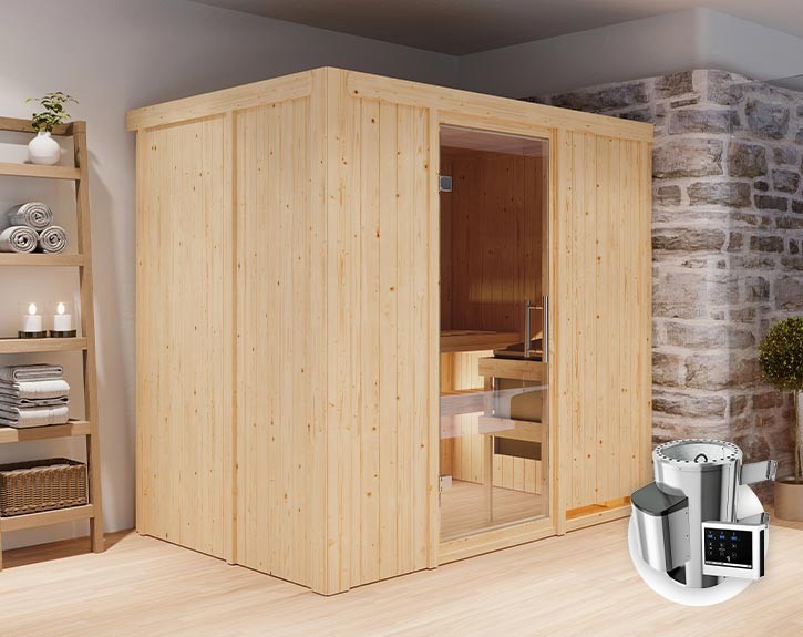 Karibu Innensauna Fanja + 3,6kW Plug&Play Saunaofen + externe Steuerung Easy - 68mm Elementsauna - Ganzglastür klar - 230V Sauna