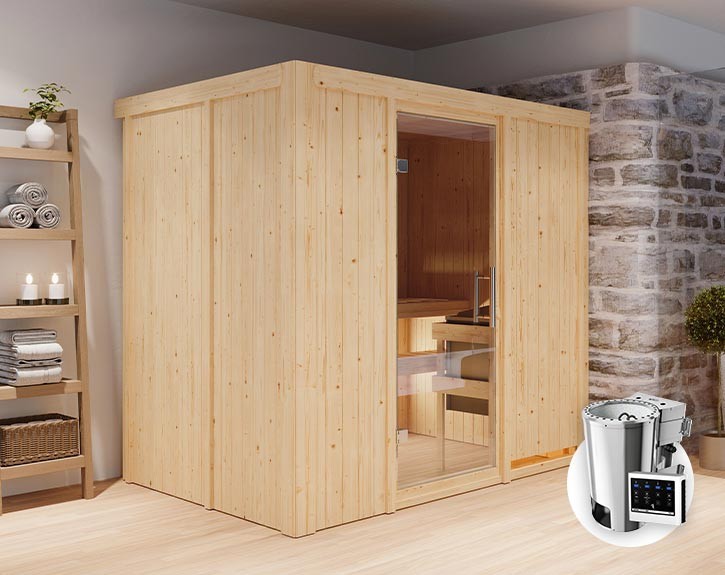 Karibu Innensauna Fanja + 3,6kW Plug&Play Bio-Kombiofen + externe Steuerung Easy Bio - 68mm Elementsauna - Ganzglastür klar - 230V Sauna