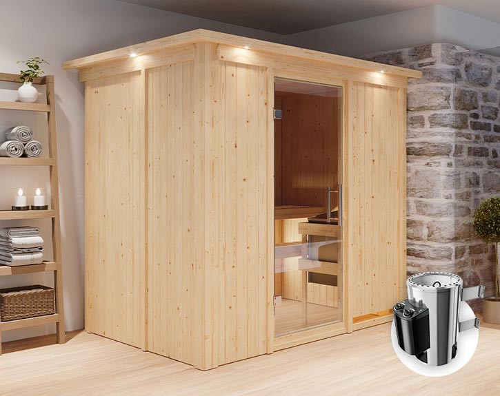 Karibu Innensauna Fanja + Dachkranz + 3,6kW Plug&Play Saunaofen + integrierte Steuerung - 68mm Elementsauna - Ganzglastür klar - 230V Sauna