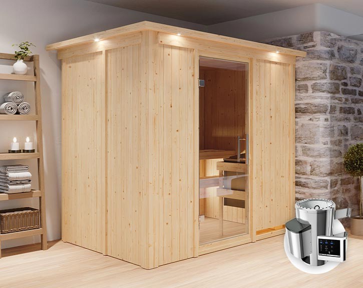 Karibu Innensauna Fanja + Dachkranz + 3,6kW Plug&Play Saunaofen + externe Steuerung Easy - 68mm Elementsauna - Ganzglastür klar - 230V Sauna