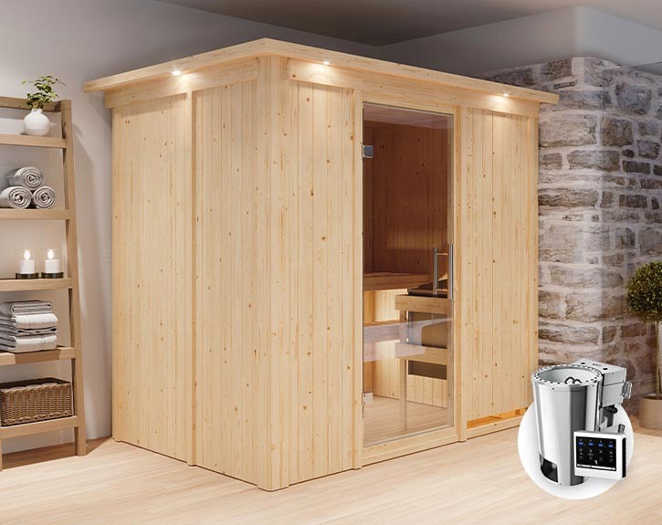 Karibu Innensauna Fanja + Dachkranz + 3,6kW Plug&Play Bio-Kombiofen + externe Steuerung Easy Bio - 68mm Elementsauna - Ganzglastür klar - 230V Sauna