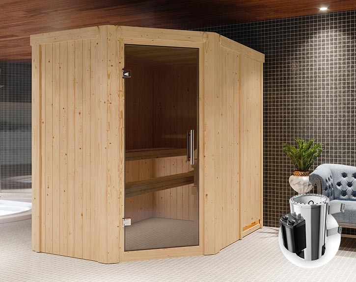 Karibu Innensauna Saja + 3,6kW Plug&Play Saunaofen + integrierte Steuerung - 68mm Elementsauna - Ganzglastür graphit - 230V Sauna - Ecksauna