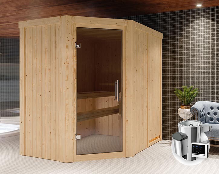 Karibu Innensauna Saja + 3,6kW Plug&Play Saunaofen + externe Steuerung Easy - 68mm Elementsauna - Ganzglastür graphit - 230V Sauna - Ecksauna