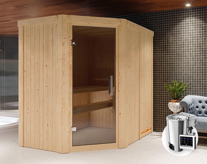 Karibu Innensauna Saja + 3,6kW Plug&Play Bio-Kombiofen + externe Steuerung Easy Bio - 68mm Elementsauna - Ganzglastür graphit - 230V Sauna - Ecksauna