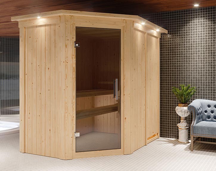 Karibu Innensauna Saja + Dachkranz - 68mm Elementsauna - Ganzglastür graphit - 230V Sauna - Ecksauna