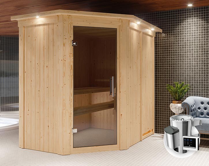 Karibu Innensauna Saja + Dachkranz + 3,6kW Plug&Play Saunaofen + externe Steuerung Easy - 68mm Elementsauna - Ganzglastür graphit - 230V Sauna - Ecksauna