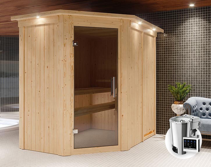 Karibu Innensauna Saja + Dachkranz + 3,6kW Plug&Play Bio-Kombiofen + externe Steuerung Easy Bio - 68mm Elementsauna - Ganzglastür graphit - 230V Sauna - Ecksauna