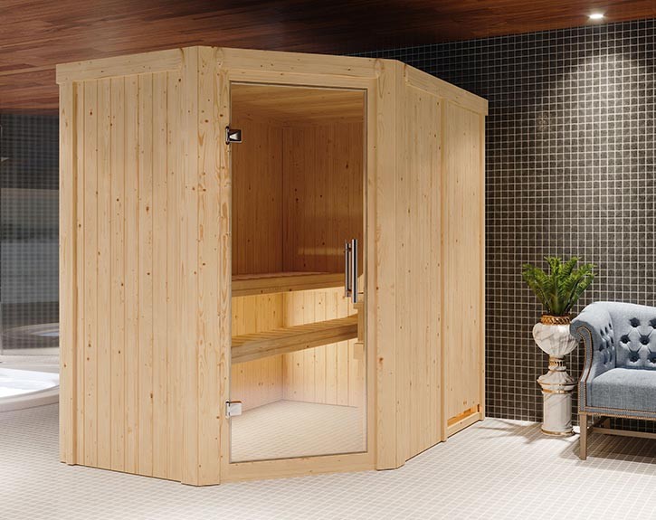 Karibu Innensauna Saja - 68mm Elementsauna - Ganzglastür klar - 230V Sauna - Ecksauna