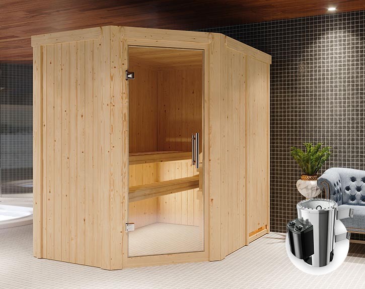 Karibu Innensauna Saja + 3,6kW Plug&Play Saunaofen + integrierte Steuerung - 68mm Elementsauna - Ganzglastür klar - 230V Sauna - Ecksauna