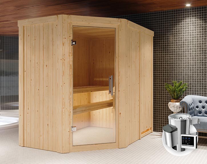 Karibu Innensauna Saja + 3,6kW Plug&Play Saunaofen + externe Steuerung Easy - 68mm Elementsauna - Ganzglastür klar - 230V Sauna - Ecksauna