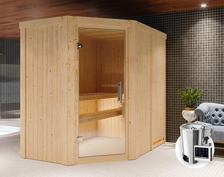 Karibu Innensauna Saja + 3,6kW Plug&Play Bio-Kombiofen + externe Steuerung Easy Bio - 68mm Elementsauna - Ganzglastür klar - 230V Sauna - Ecksauna