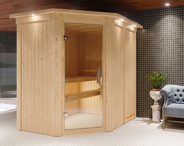 Karibu Innensauna Saja + Dachkranz - 68mm Elementsauna - Ganzglastür klar - 230V Sauna - Ecksauna