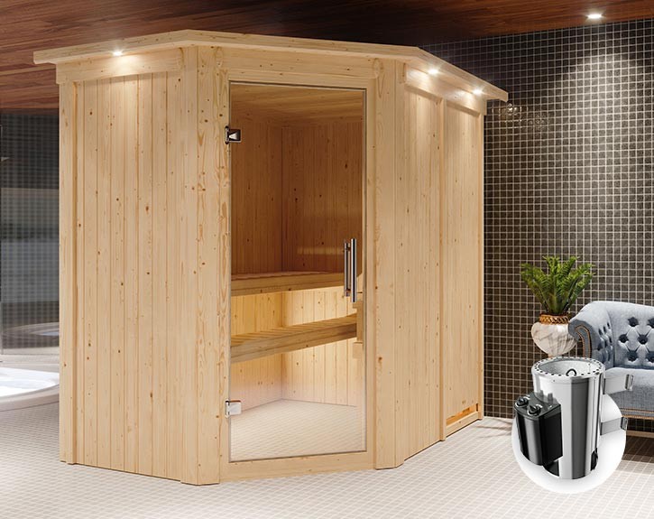 Karibu Innensauna Saja + Dachkranz + 3,6kW Plug&Play Saunaofen + integrierte Steuerung - 68mm Elementsauna - Ganzglastür klar - 230V Sauna - Ecksauna