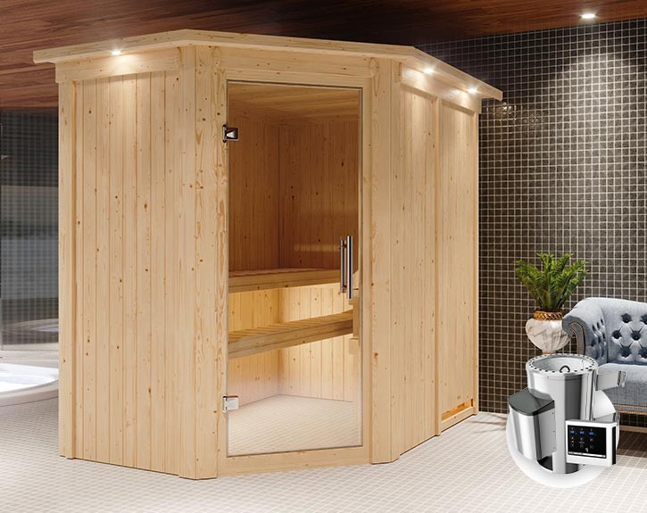 Karibu Innensauna Saja + Dachkranz + 3,6kW Plug&Play Saunaofen + externe Steuerung Easy - 68mm Elementsauna - Ganzglastür klar - 230V Sauna - Ecksauna