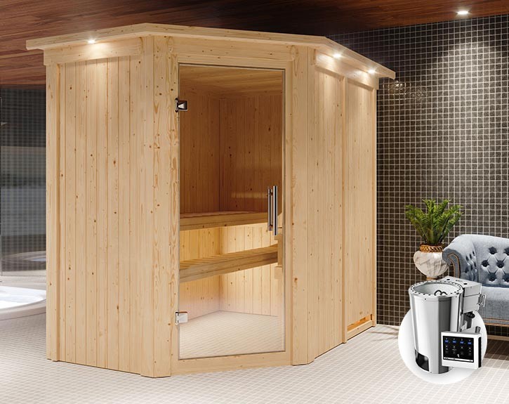 Karibu Innensauna Saja + Dachkranz + 3,6kW Plug&Play Bio-Kombiofen + externe Steuerung Easy Bio - 68mm Elementsauna - Ganzglastür klar - 230V Sauna - Ecksauna