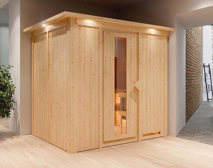 Karibu Innensauna Daria + Dachkranz - 68mm Systemsauna - Energiespartür - Energiesparsauna