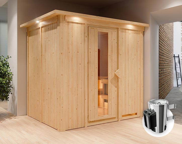 Karibu Innensauna Daria + Dachkranz + 3,6kW Plug&Play Saunaofen + integrierte Steuerung - 68mm Systemsauna - Energiespartür - Energiesparsauna