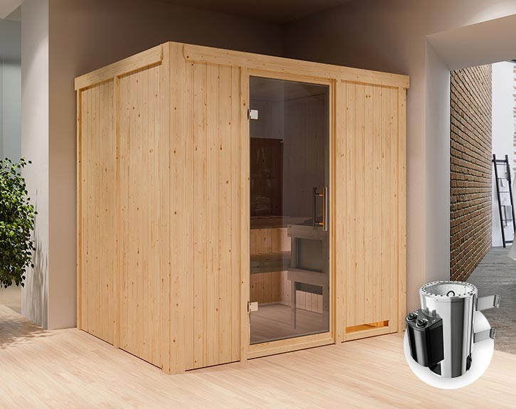 Karibu Innensauna Daria + 3,6kW Plug&Play Saunaofen + integrierte Steuerung - 68mm Systemsauna - Ganzglastür graphit - 230V Sauna