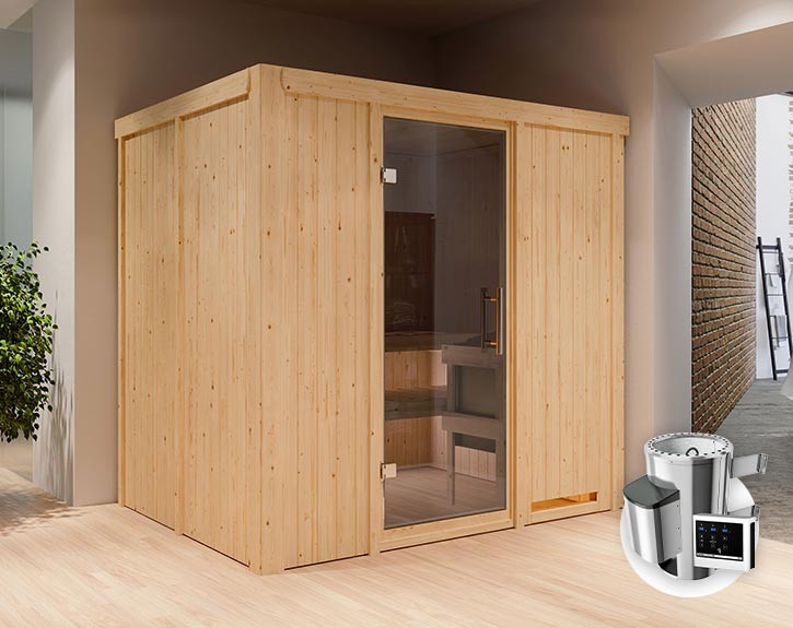 Karibu Innensauna Daria + 3,6kW Plug&Play Saunaofen + externe Steuerung Easy - 68mm Systemsauna - Ganzglastür graphit - 230V Sauna