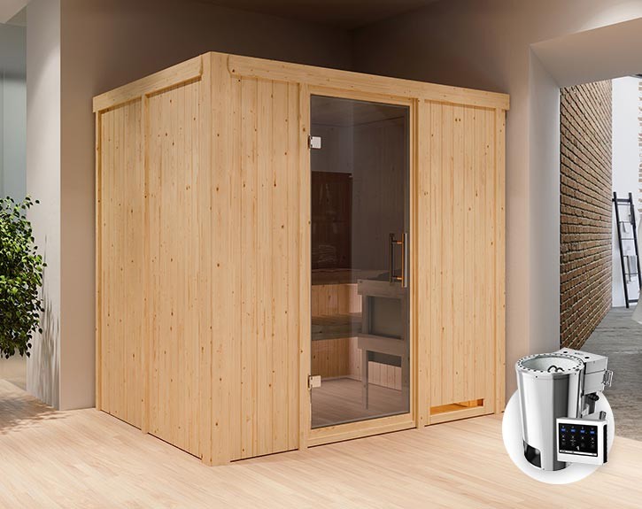 Karibu Innensauna Daria + 3,6kW Plug&Play Bio-Kombiofen + externe Steuerung Easy Bio - 68mm Systemsauna - Ganzglastür graphit - 230V Sauna