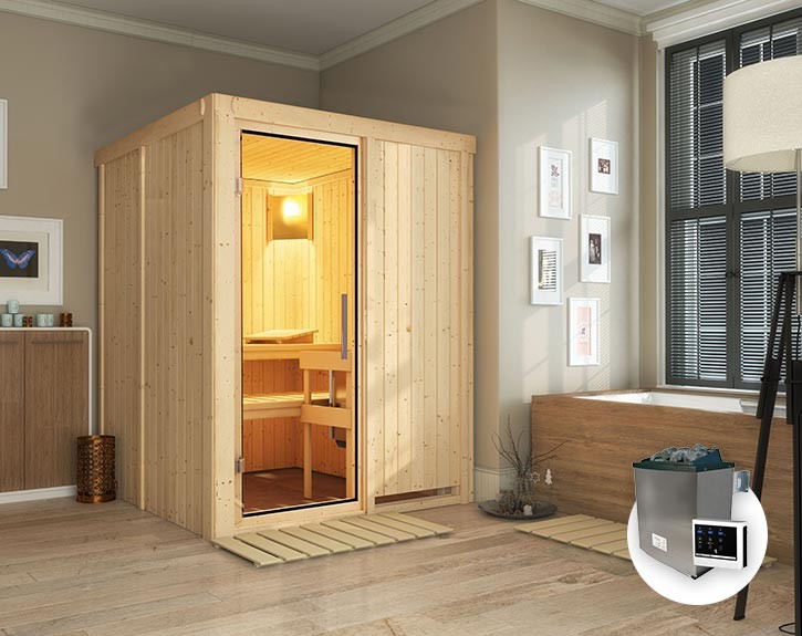 Karibu Innensauna Norin + 9kW Saunaofen + externe Steuerung - 68mm Systemsauna - Ganzglastür klar