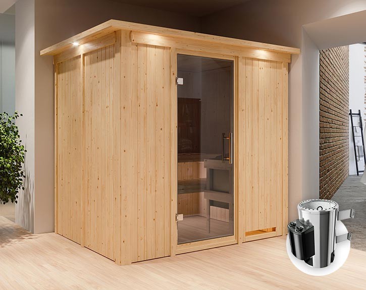 Karibu Innensauna Daria + Dachkranz + 3,6kW Plug&Play Saunaofen + integrierte Steuerung - 68mm Systemsauna - Ganzglastür graphit - 230V Sauna