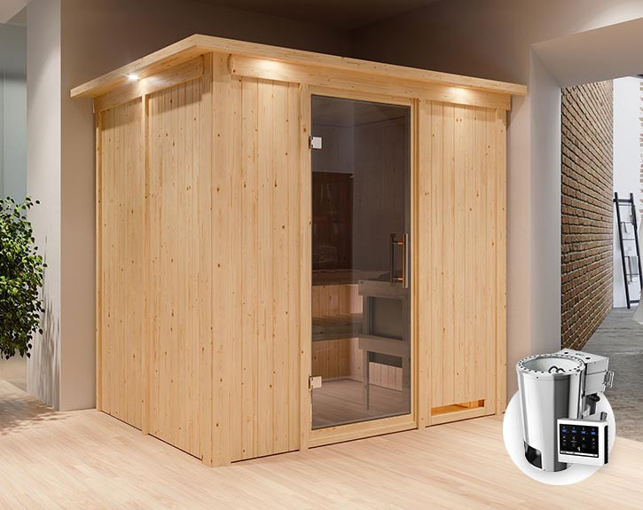 Karibu Innensauna Daria + Dachkranz + 3,6kW Plug&Play Bio-Kombiofen + externe Steuerung Easy Bio - 68mm Systemsauna - Ganzglastür graphit - 230V Sauna