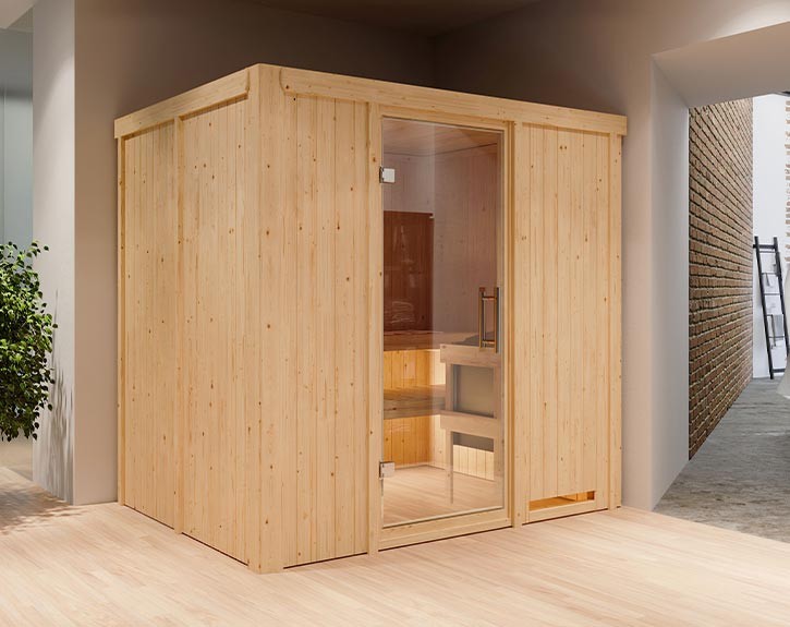 Karibu Innensauna Daria - 68mm Systemsauna - Ganzglastür klar - 230V Sauna