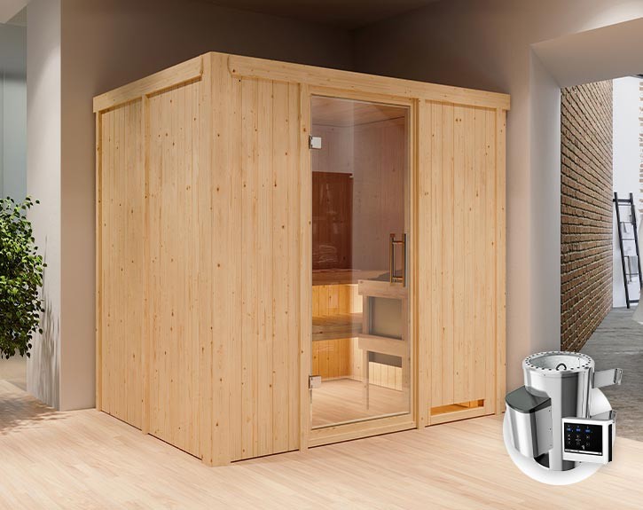 Karibu Innensauna Daria + 3,6kW Plug&Play Saunaofen + externe Steuerung Easy - 68mm Systemsauna - Ganzglastür klar - 230V Sauna