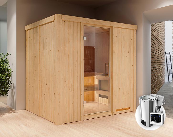 Karibu Innensauna Daria + 3,6kW Plug&Play Bio-Kombiofen + externe Steuerung Easy Bio - 68mm Systemsauna - Ganzglastür klar - 230V Sauna