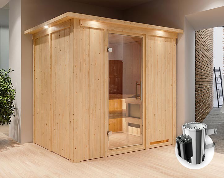 Karibu Innensauna Daria + Dachkranz + 3,6kW Plug&Play Saunaofen + integrierte Steuerung - 68mm Systemsauna - Ganzglastür klar - 230V Sauna