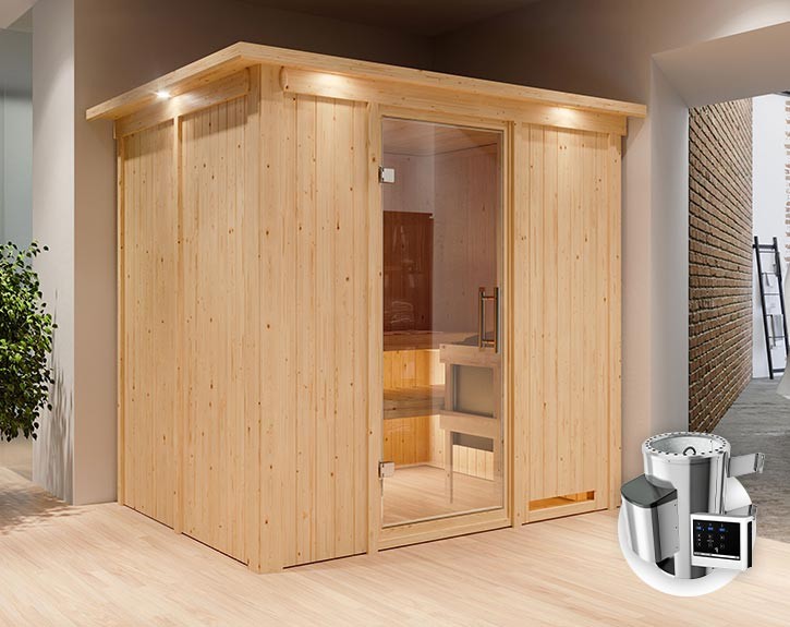 Karibu Innensauna Daria + Dachkranz + 3,6kW Plug&Play Saunaofen + externe Steuerung Easy - 68mm Systemsauna - Ganzglastür klar - 230V Sauna