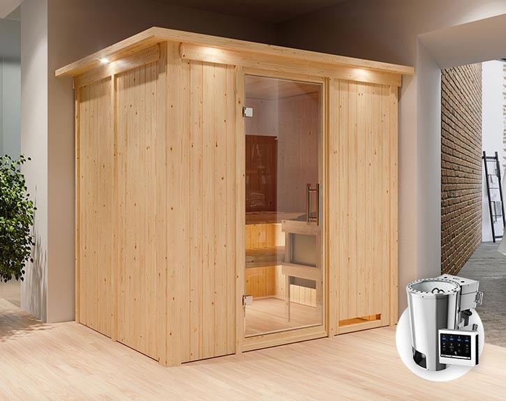 Karibu Innensauna Daria + Dachkranz + 3,6kW Plug&Play Bio-Kombiofen + externe Steuerung Easy Bio - 68mm Systemsauna - Ganzglastür klar - 230V Sauna