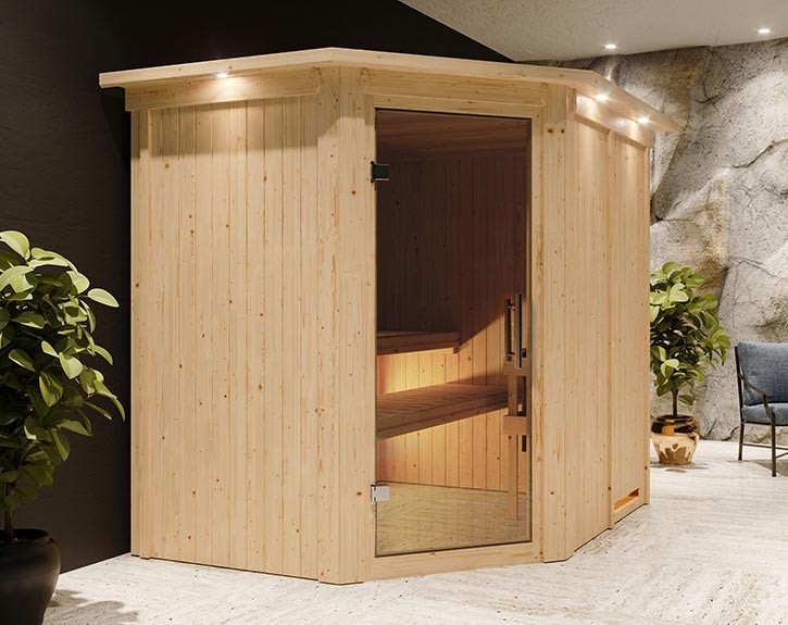 Karibu Innensauna Lilja + Dachkranz - 68mm Elementsauna - Ganzglastür graphit - 230V Sauna - Ecksauna