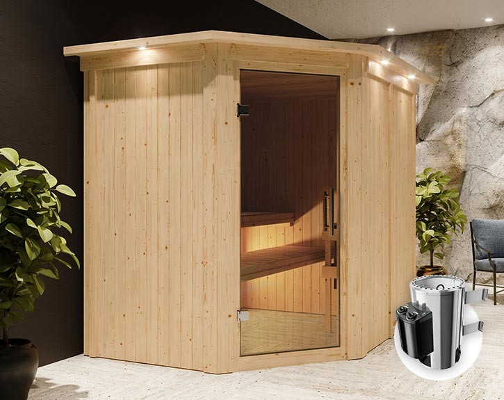 Karibu Innensauna Lilja + Dachkranz + 3,6kW Plug&Play Saunaofen + integrierte Steuerung - 68mm Elementsauna - Ganzglastür graphit - 230V Sauna - Ecksauna