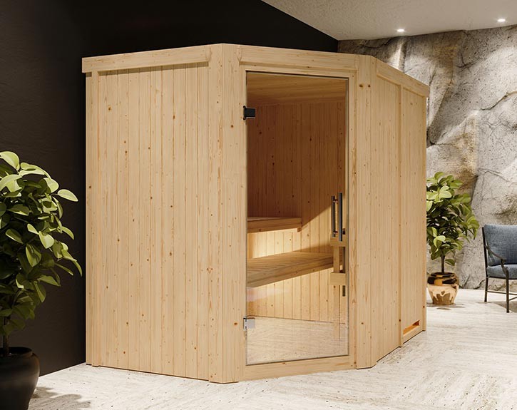 Karibu Innensauna Lilja - 68mm Elementsauna - Ganzglastür klar - 230V Sauna - Ecksauna