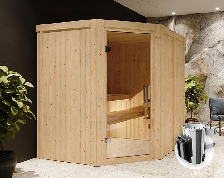 Karibu Innensauna Lilja + 3,6kW Plug&Play Saunaofen + integrierte Steuerung - 68mm Elementsauna - Ganzglastür klar - 230V Sauna - Ecksauna