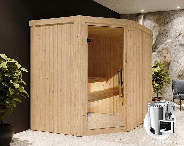 Karibu Innensauna Lilja + 3,6kW Plug&Play Bio-Kombiofen + externe Steuerung Easy Bio - 68mm Elementsauna - Ganzglastür klar - 230V Sauna - Ecksauna